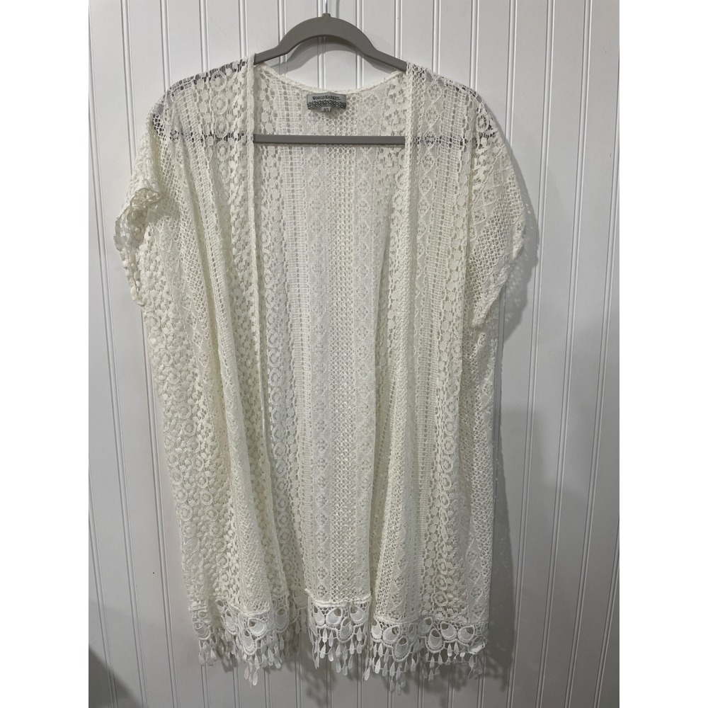 World Market White Crochet Lace Kimono Cardigan Fringe Hem Open Front Wrap O/S